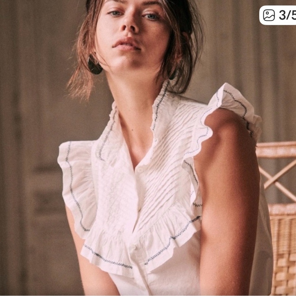 Sezane Ademia White Ruffled embroidered Pintuck Sleeveless Blouse size 4  small - Picture 2 of 8